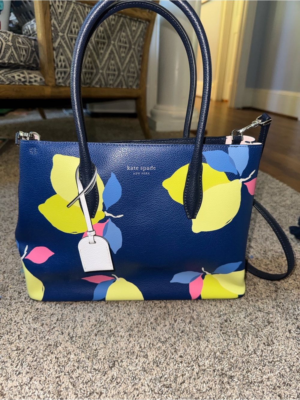 kate spade Navy Lemon Print Satchel with Pink & Blue Accents
